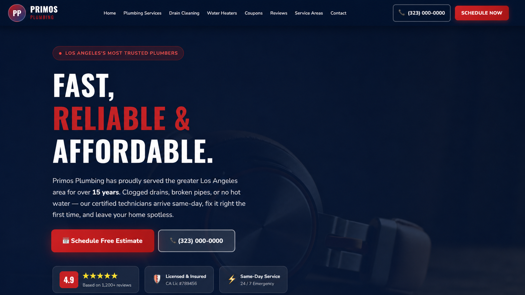 Primos Plumbing trade business website with service navigation and estimate calls to action