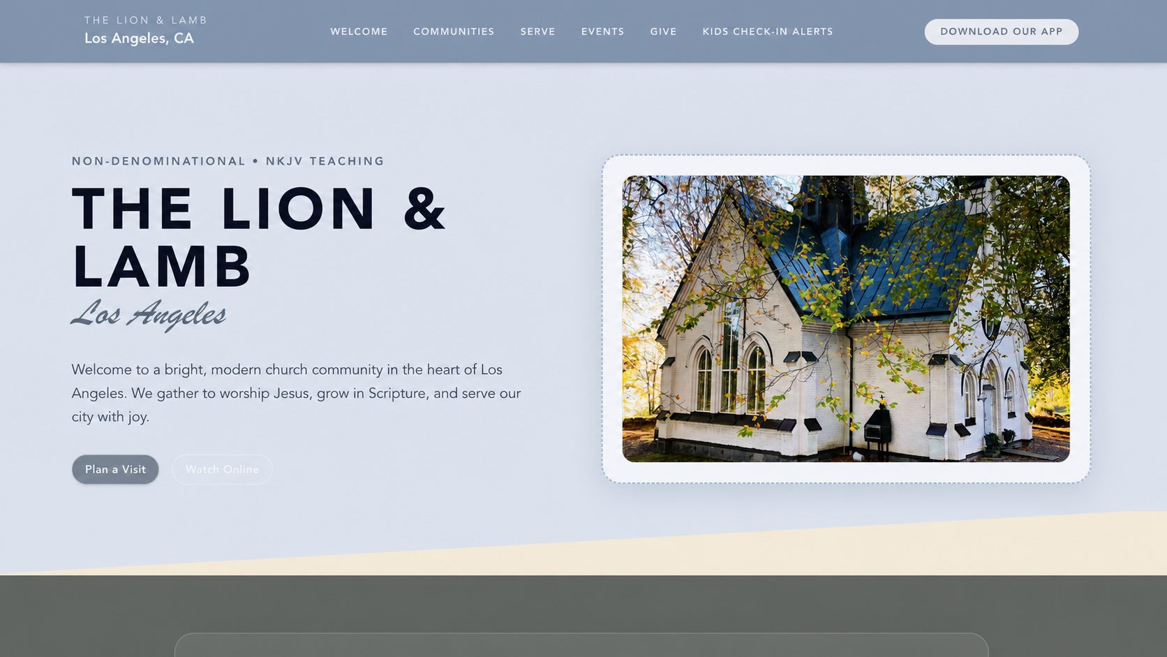 The Lion and Lamb church website with a church photograph and companion app download call to action